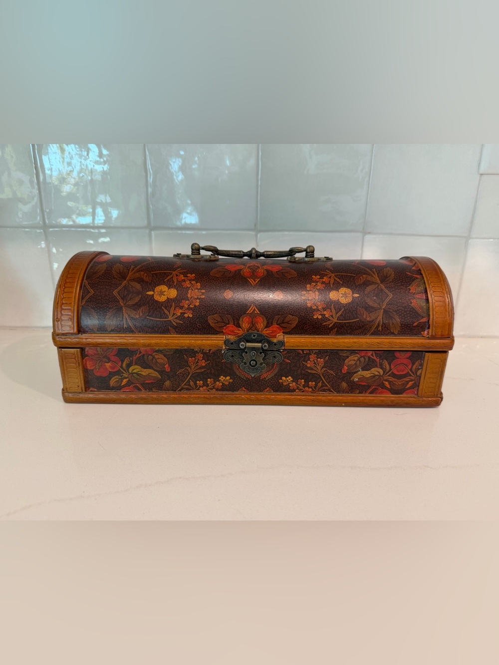 Vintage Ornate Domed Wood Jewelry Box / Keepsake Chest (Velvet Lined)